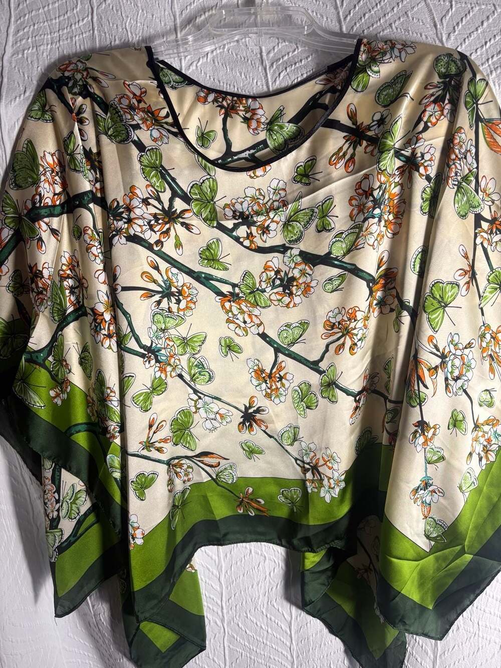 100% Silk 26'' Poncho Women Green Branch Flower Kerchief